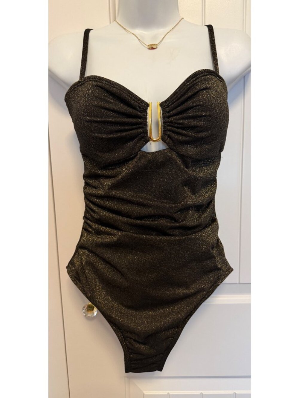 Eomenie One Piece Swimsuit, Cutout U Wire, Black with Gold shimmer, Medium - Picture 2 of 8